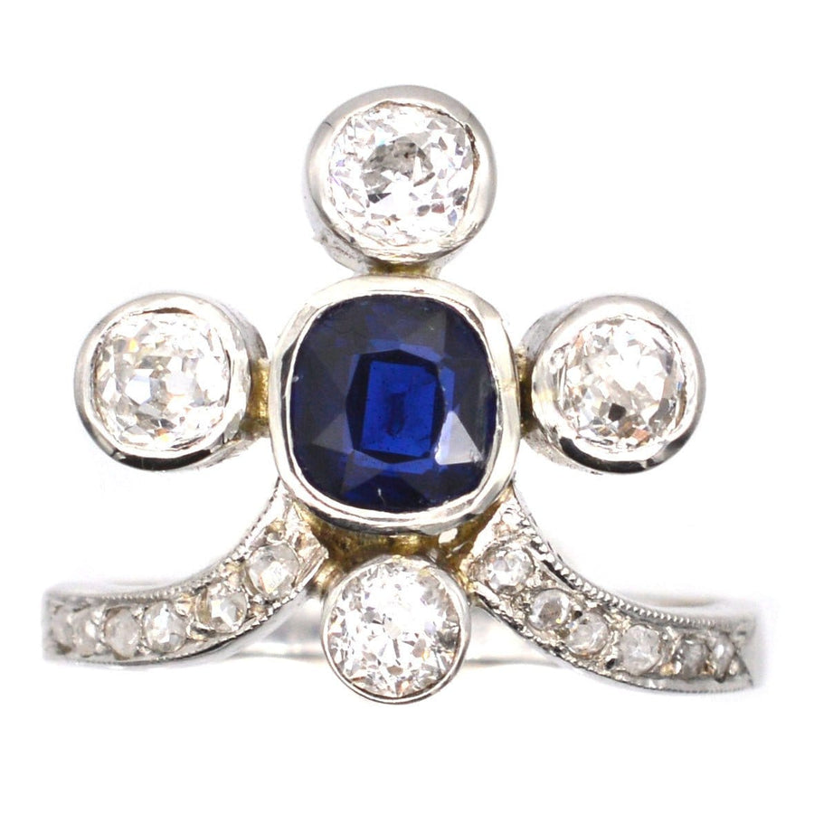 Edwardian 18ct White Gold, Sapphire and Old Mine Cut Diamond Tiara Ring | Parkin and Gerrish | Antique & Vintage Jewellery