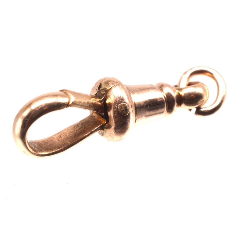 Edwardian 9ct gold Albert dog clip from the 1910s, features a fixed design for securely hanging jewelry items.