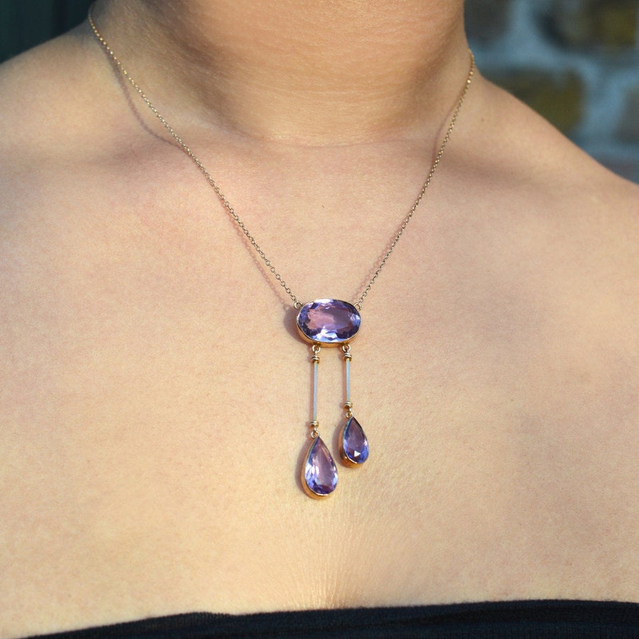 Edwardian 9ct Gold Amethyst Double Drop Negligee Lavalliere Necklace | Parkin and Gerrish | Antique & Vintage Jewellery