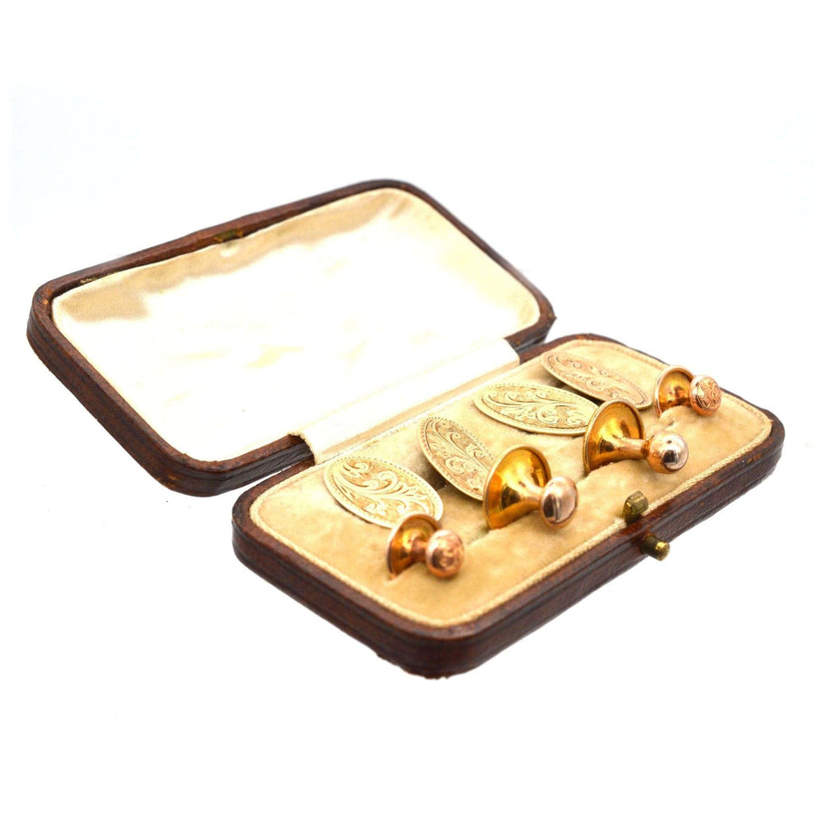 Edwardian 9ct gold cufflinks and dress set in a vintage box, showcasing intricate foliage design, circa 1890-1910.