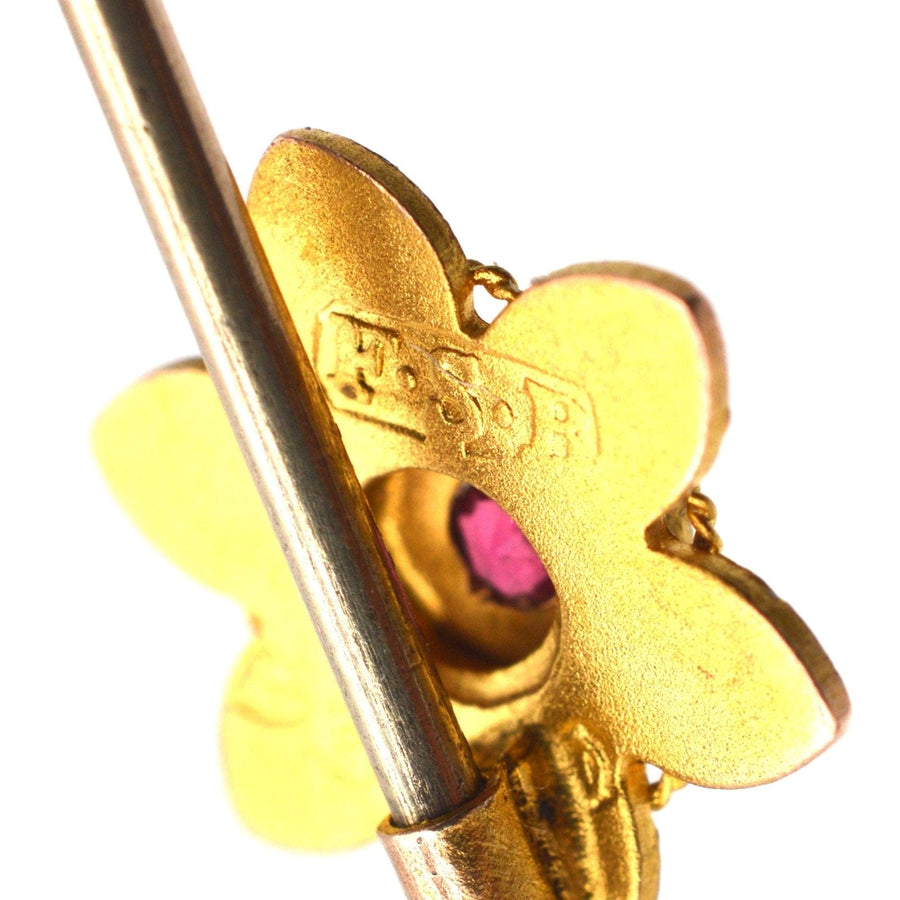Edwardian 9ct Gold Flower Tie Pin with a Ruby | Parkin and Gerrish (UK)