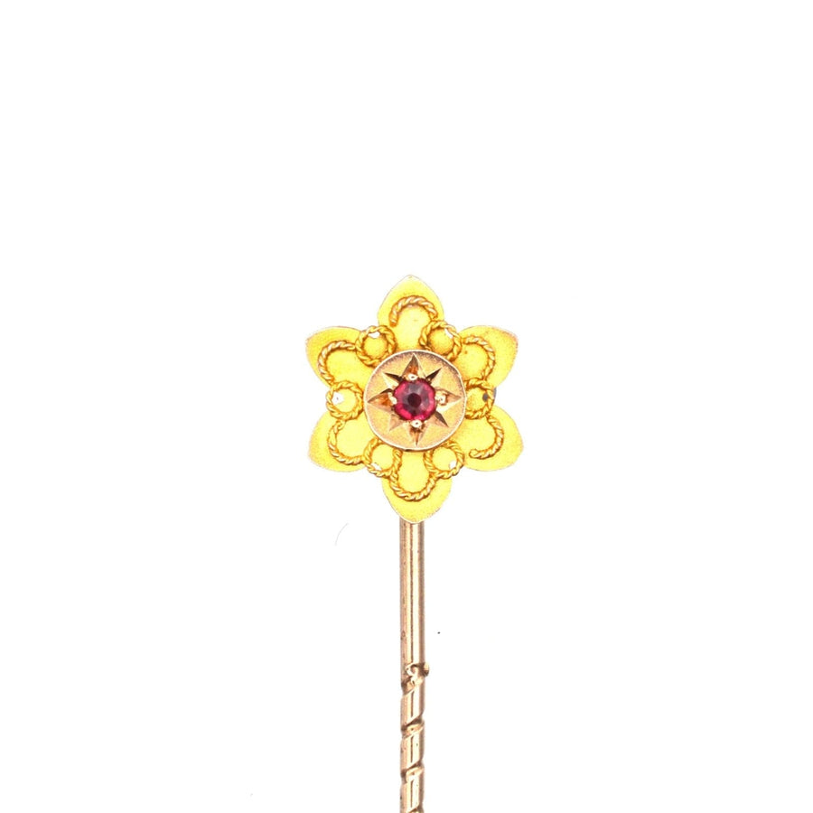 Edwardian 9ct Gold Flower Tie Pin with a Ruby | Parkin and Gerrish (UK)