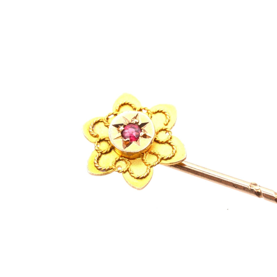 Edwardian 9ct Gold Flower Tie Pin with a Ruby | Parkin and Gerrish (UK)