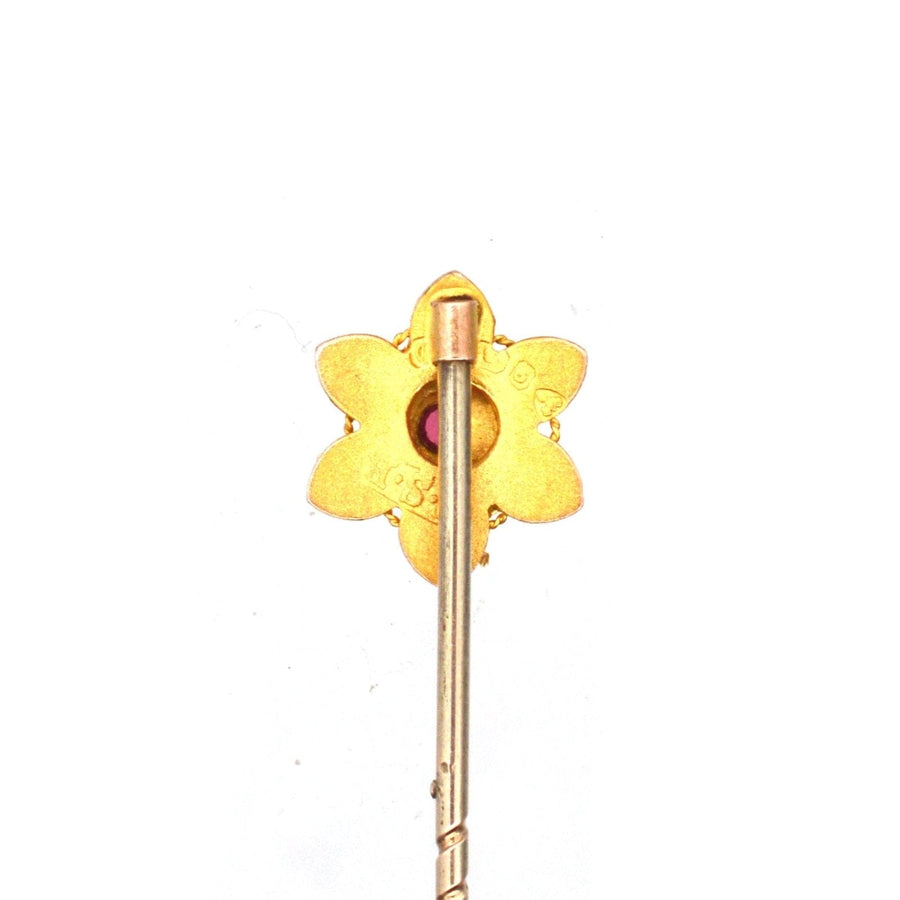 Edwardian 9ct Gold Flower Tie Pin with a Ruby | Parkin and Gerrish (UK)