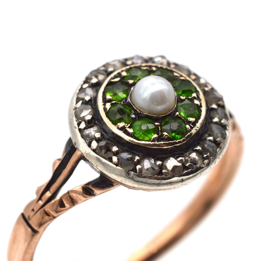 Edwardian 9ct Gold, Green Garnet, Diamond & Pearl Target Ring | Parkin and Gerrish | Antique & Vintage Jewellery