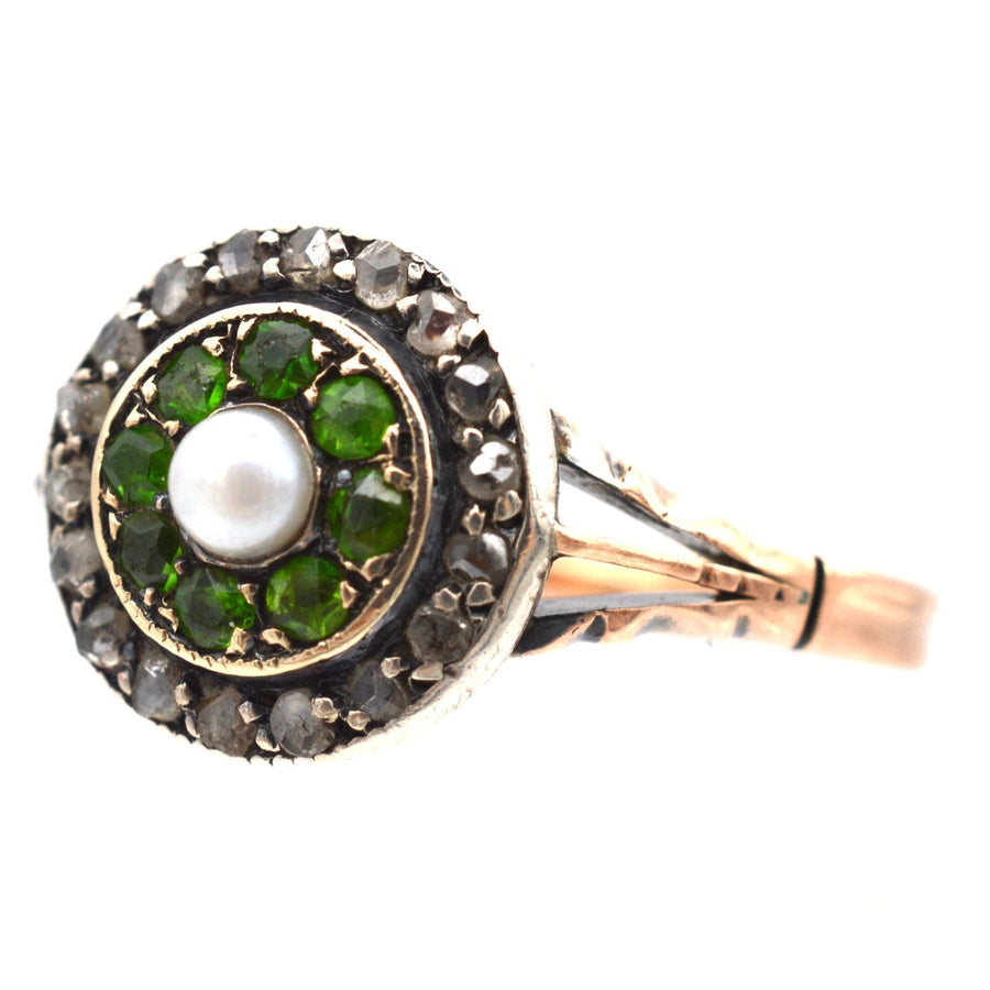 Edwardian 9ct Gold, Green Garnet, Diamond & Pearl Target Ring | Parkin and Gerrish | Antique & Vintage Jewellery