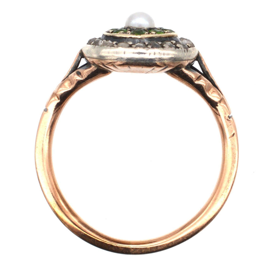 Edwardian 9ct Gold, Green Garnet, Diamond & Pearl Target Ring | Parkin and Gerrish | Antique & Vintage Jewellery