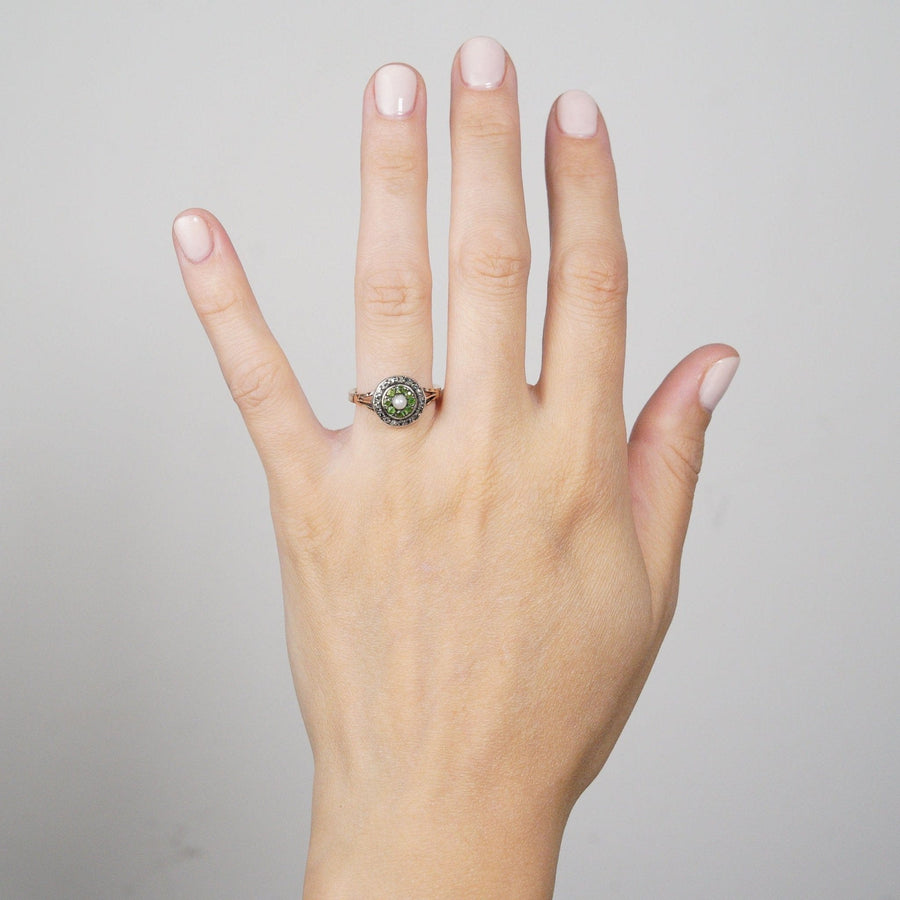 Edwardian 9ct Gold, Green Garnet, Diamond & Pearl Target Ring | Parkin and Gerrish | Antique & Vintage Jewellery