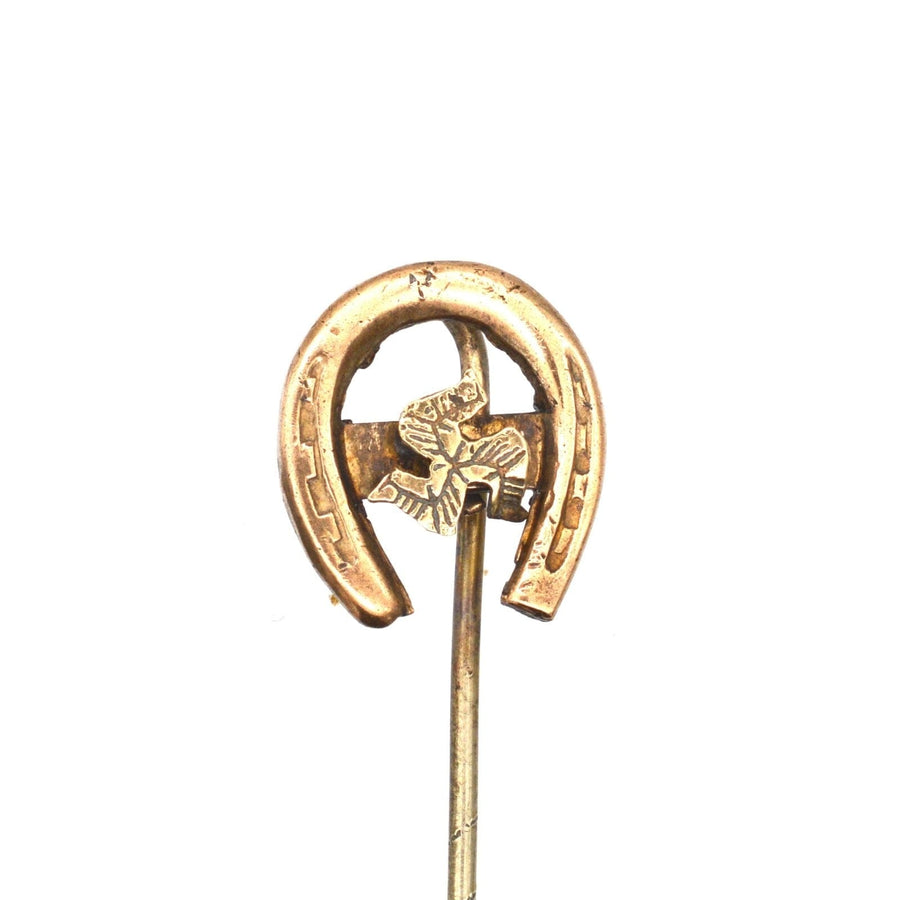 Edwardian 9ct gold lucky horseshoe tie pin featuring Isle of Man Triskelion design.