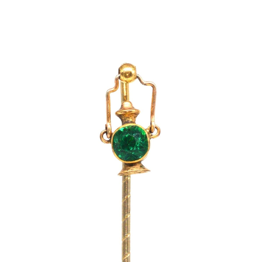 Edwardian 9ct gold tie pin featuring an old railway signal lamp with a green light, symbolizing single status.