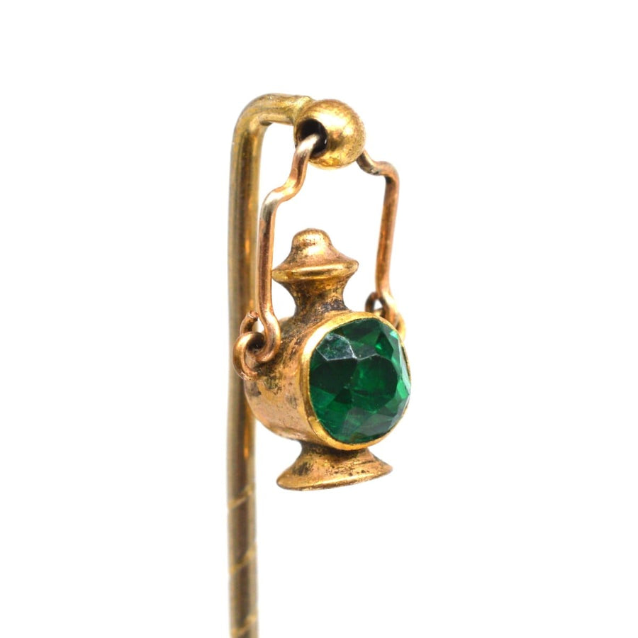 Edwardian 9ct gold tie pin featuring an old railway signal lamp with a green light, symbolizing availability.