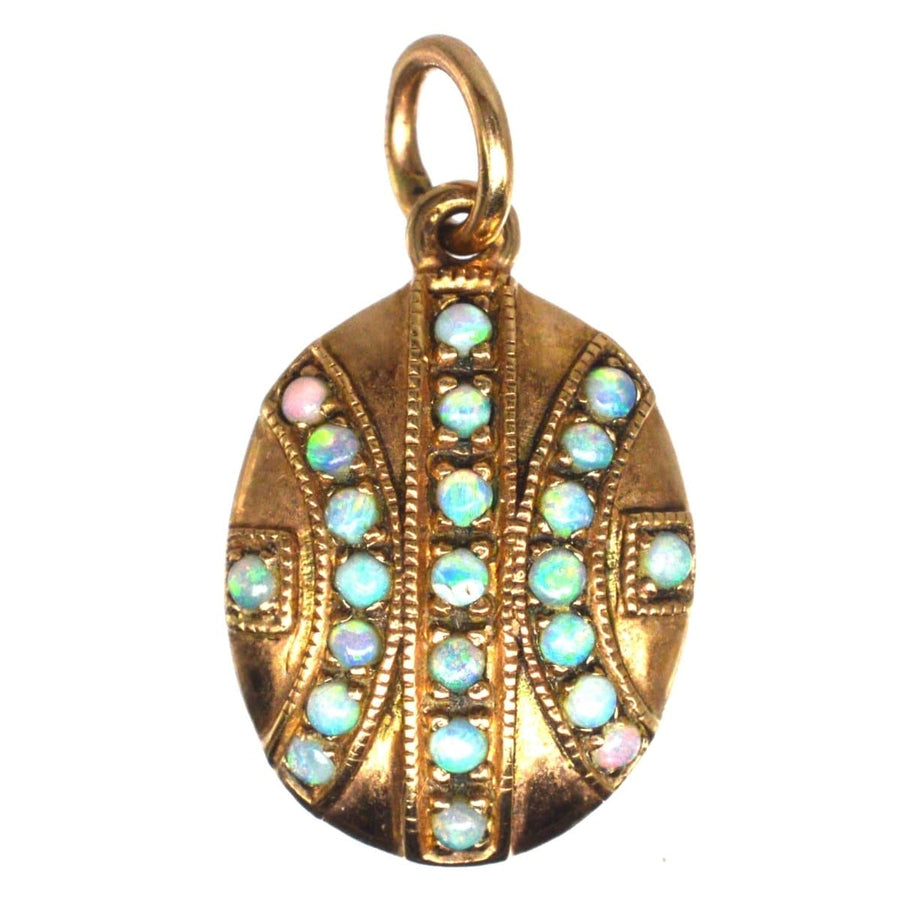 Edwardian 9ct gold pendant with 23 vibrant opals in geometric design, perfect for October birthdays.
