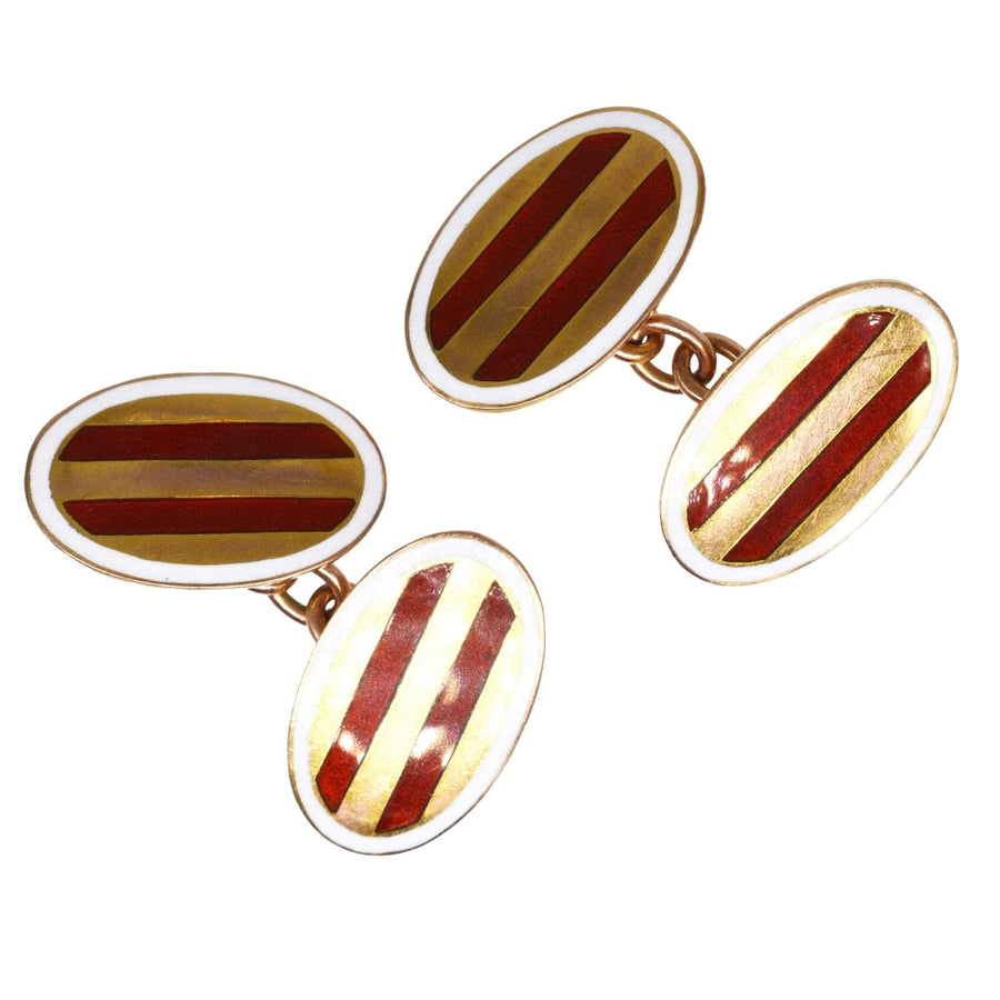 Edwardian 9ct Gold Oval Red Striped Enamel Cufflinks with a White Frame | Parkin and Gerrish (UK)