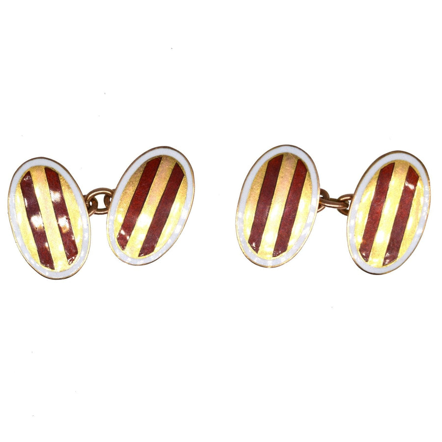 Edwardian 9ct Gold Oval Red Striped Enamel Cufflinks with a White Frame | Parkin and Gerrish (UK)