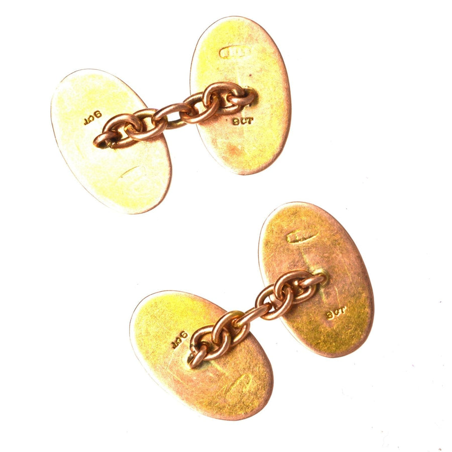 Edwardian 9ct Gold Oval Red Striped Enamel Cufflinks with a White Frame | Parkin and Gerrish (UK)