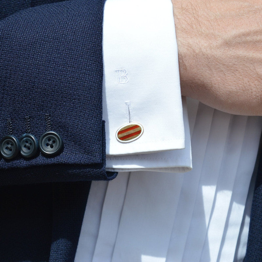 Edwardian 9ct Gold Oval Red Striped Enamel Cufflinks with a White Frame | Parkin and Gerrish (UK)