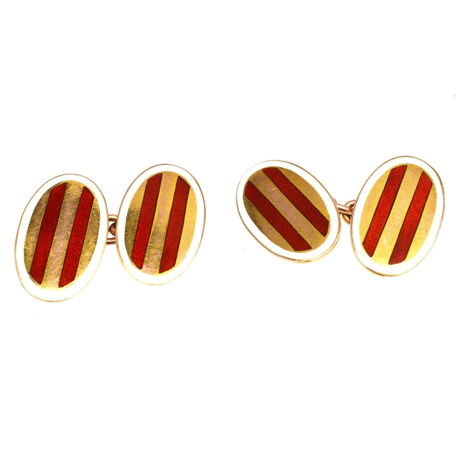 Edwardian 9ct Gold Oval Red Striped Enamel Cufflinks with a White Frame | Parkin and Gerrish (UK)