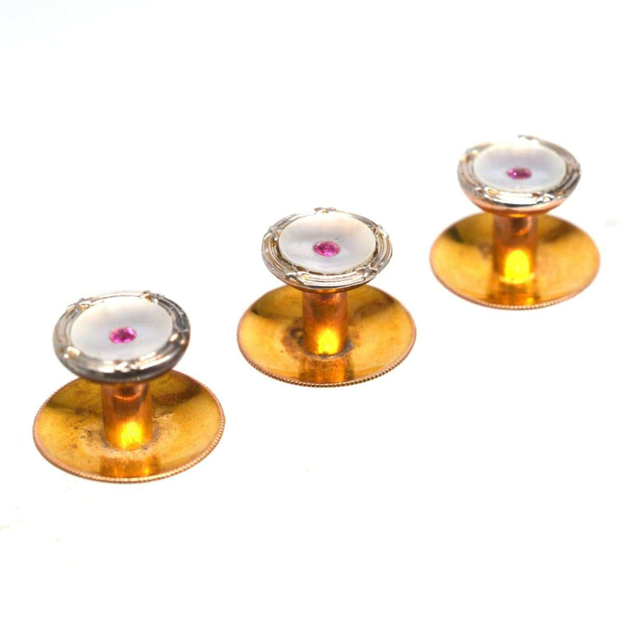 Edwardian 9ct gold, platinum, mother of pearl and ruby dress studs, beautifully crafted set of three.