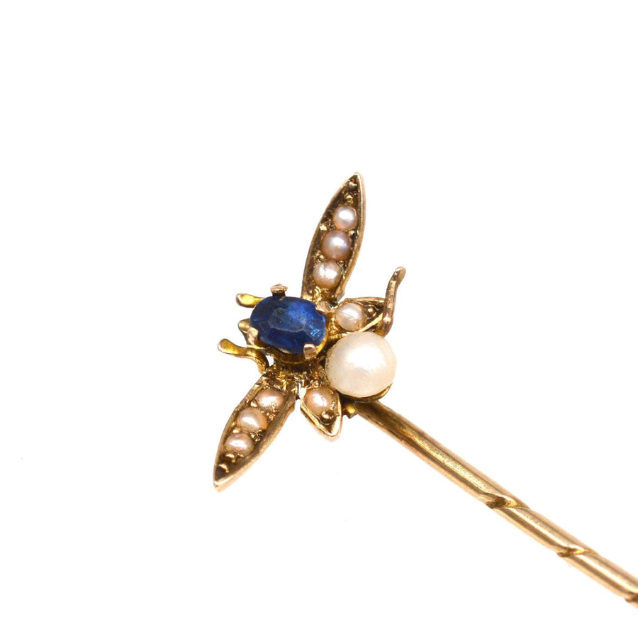 Edwardian 9ct gold bee tie pin featuring sapphire and natural pearls, ideal for silk ties or lapels.