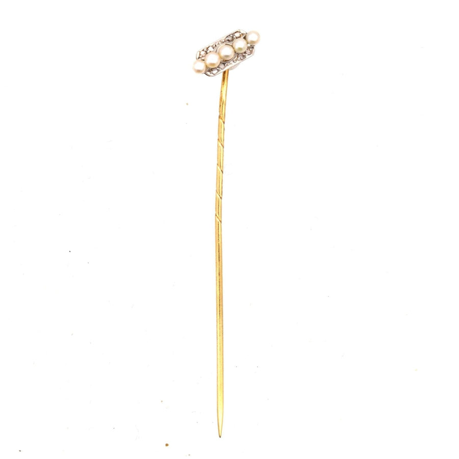 Edwardian Dutch Platinum & 14ct Gold, Five Pearl and Diamond Diagonal Tie Pin | Parkin and Gerrish (UK)