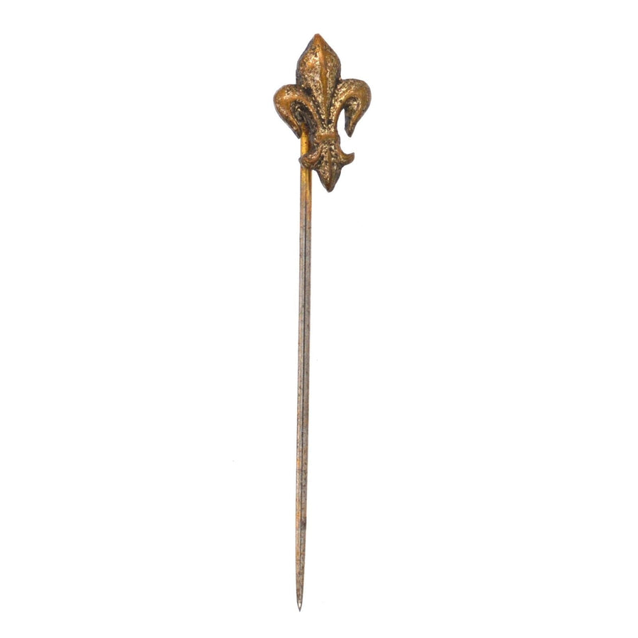 Edwardian French Fleur-de-lys tie pin in bronze, perfect for ties or lapels, featuring classic heraldic design.