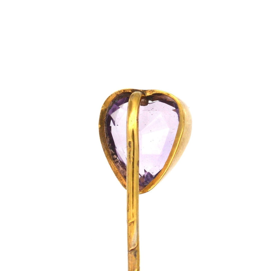Edwardian gold tie pin featuring a heart-shaped pale violet amethyst, perfect gift for February birthdays or Valentine's Day.
