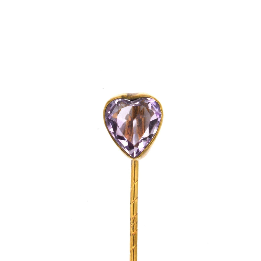 Edwardian gold tie pin featuring a heart-shaped pale violet amethyst, perfect for February birthdays or Valentine's gifts.