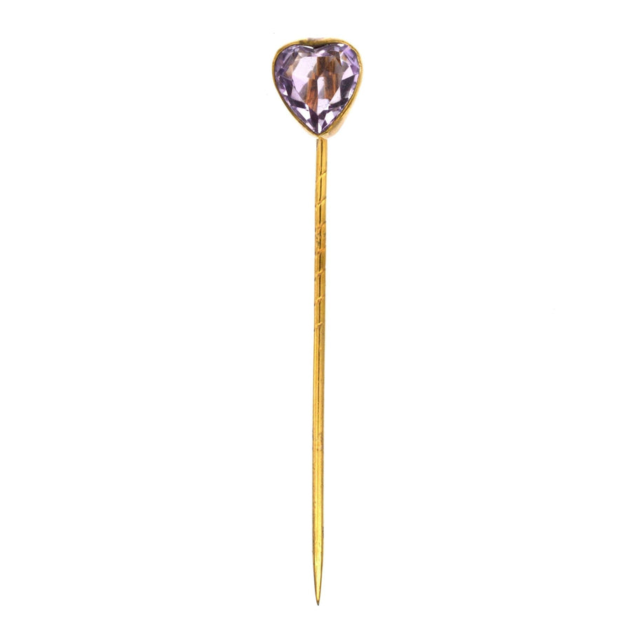 Edwardian gold tie pin featuring a heart-shaped pale violet amethyst, perfect for Valentine's Day gifts.