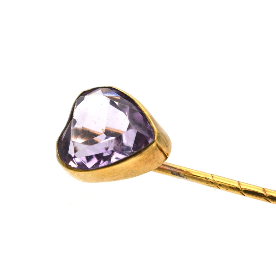 Edwardian gold tie pin featuring a heart-shaped pale violet amethyst, ideal gift for Valentine's Day.