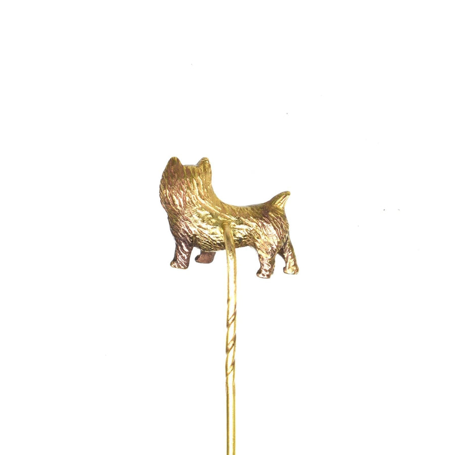 Edwardian 9ct gold Cairn Terrier dog tie pin, stylish accessory for ties and lapels, features a detailed dog design.