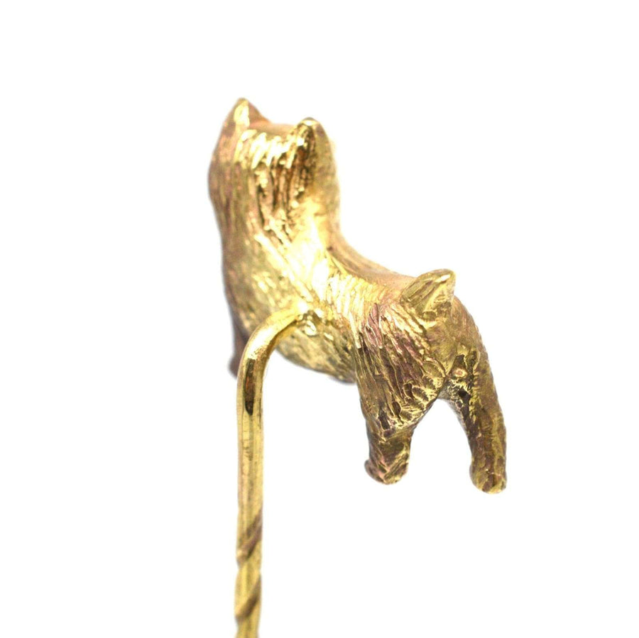 Edwardian 9ct gold Cairn Terrier dog tie pin, beautifully crafted for a stylish touch on ties or lapels.