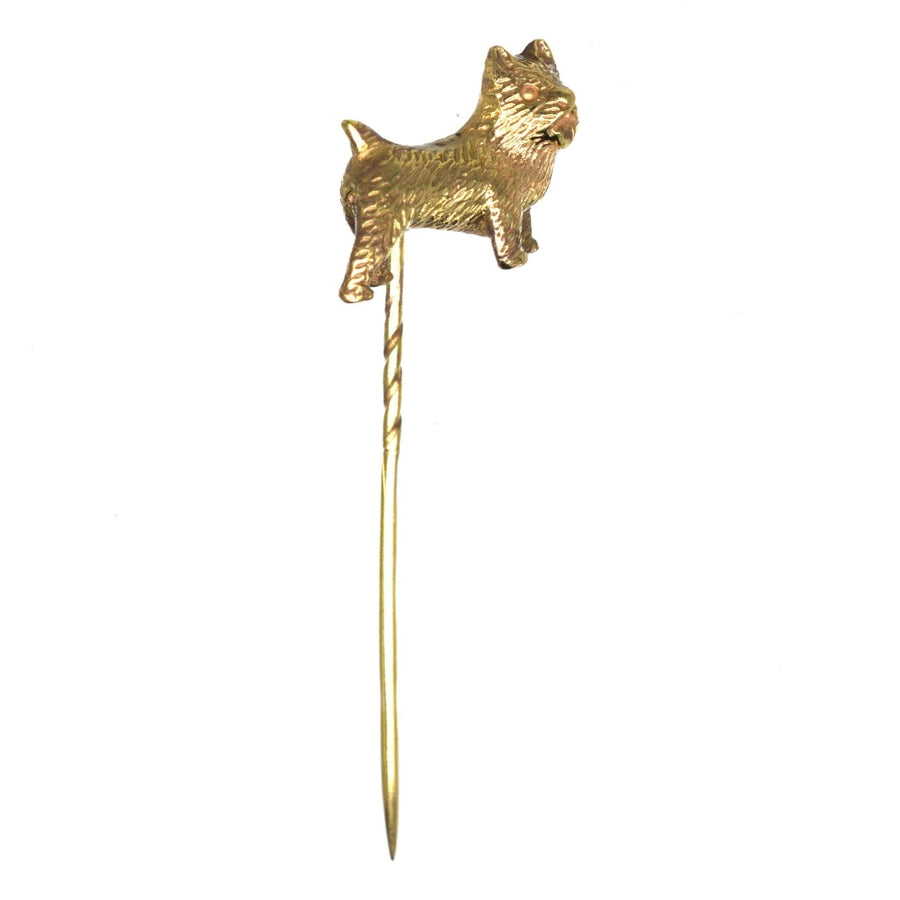 Edwardian 9ct gold Cairn Terrier dog tie pin, stylish accessory for silk ties and lapels, comes with stopper.