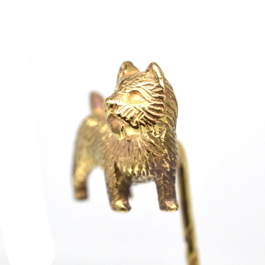 Edwardian 9ct gold Cairn Terrier dog tie pin, beautifully detailed, stylish accessory for ties or lapels.