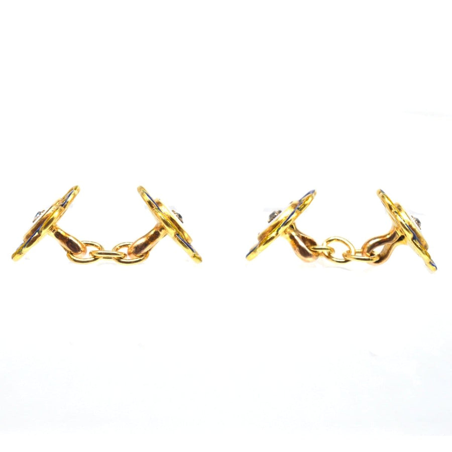 Edwardian Mother of Pearl, Diamond and Yellow and Blue Enamel Cufflinks | Parkin and Gerrish | Antique & Vintage Jewellery
