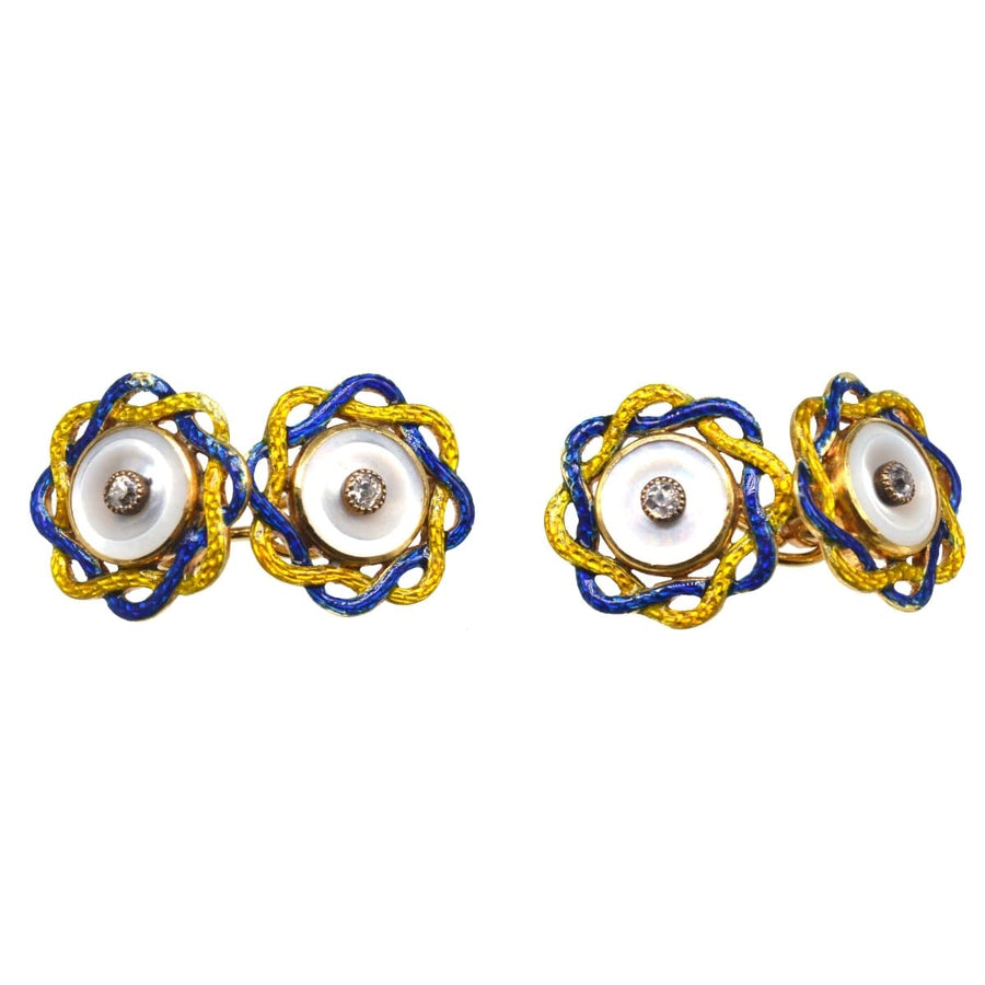 Edwardian Mother of Pearl, Diamond and Yellow and Blue Enamel Cufflinks | Parkin and Gerrish | Antique & Vintage Jewellery