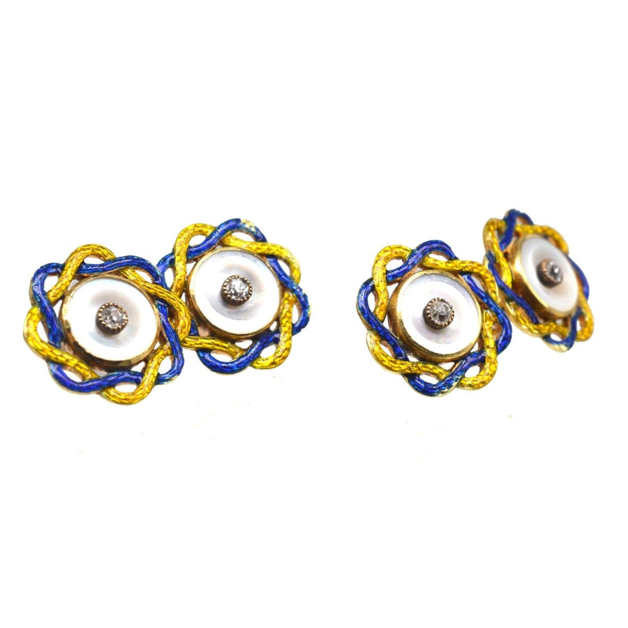 Edwardian Mother of Pearl, Diamond and Yellow and Blue Enamel Cufflinks | Parkin and Gerrish | Antique & Vintage Jewellery