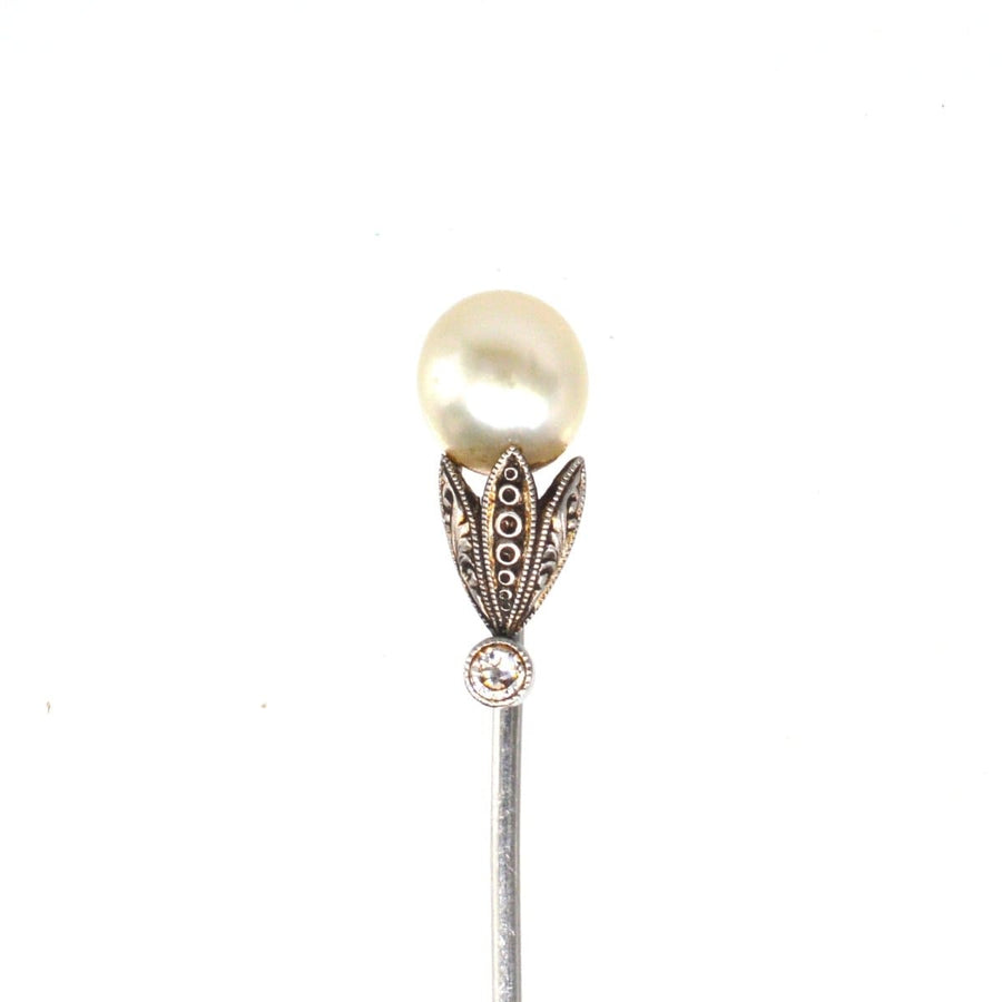Edwardian Natural Pearl and Diamond Platinum Tie Pin | Parkin and Gerrish (UK)