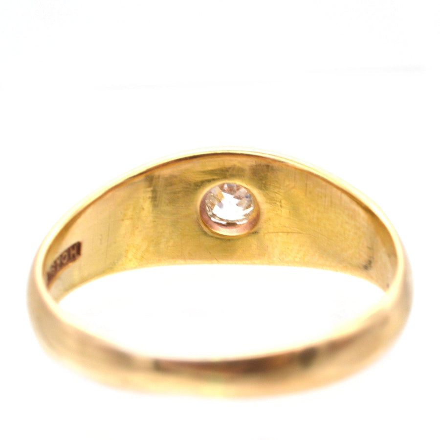 Edwardian 18ct gold gypsy ring with old mine cut diamond in center, made in Chester, 1902.