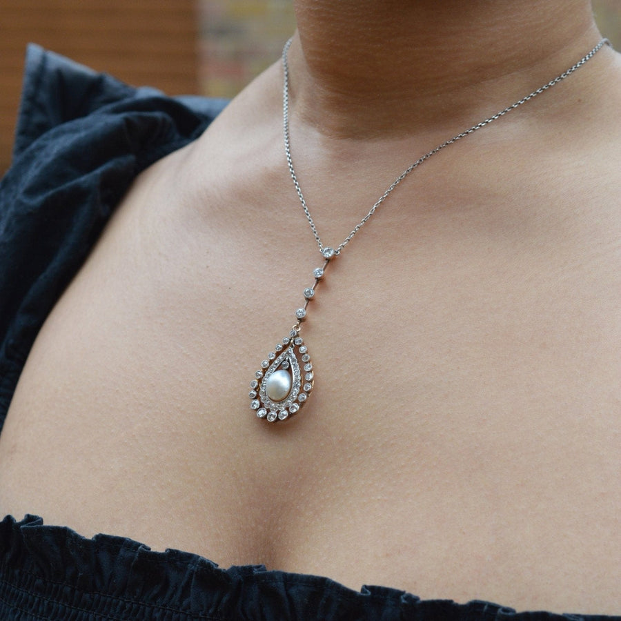 Edwardian Platinum & 18ct Gold Diamond & Natural Pearl Pendant on Chain | Parkin and Gerrish | Antique & Vintage Jewellery