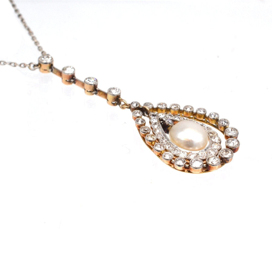 Edwardian Platinum & 18ct Gold Diamond & Natural Pearl Pendant on Chain | Parkin and Gerrish | Antique & Vintage Jewellery