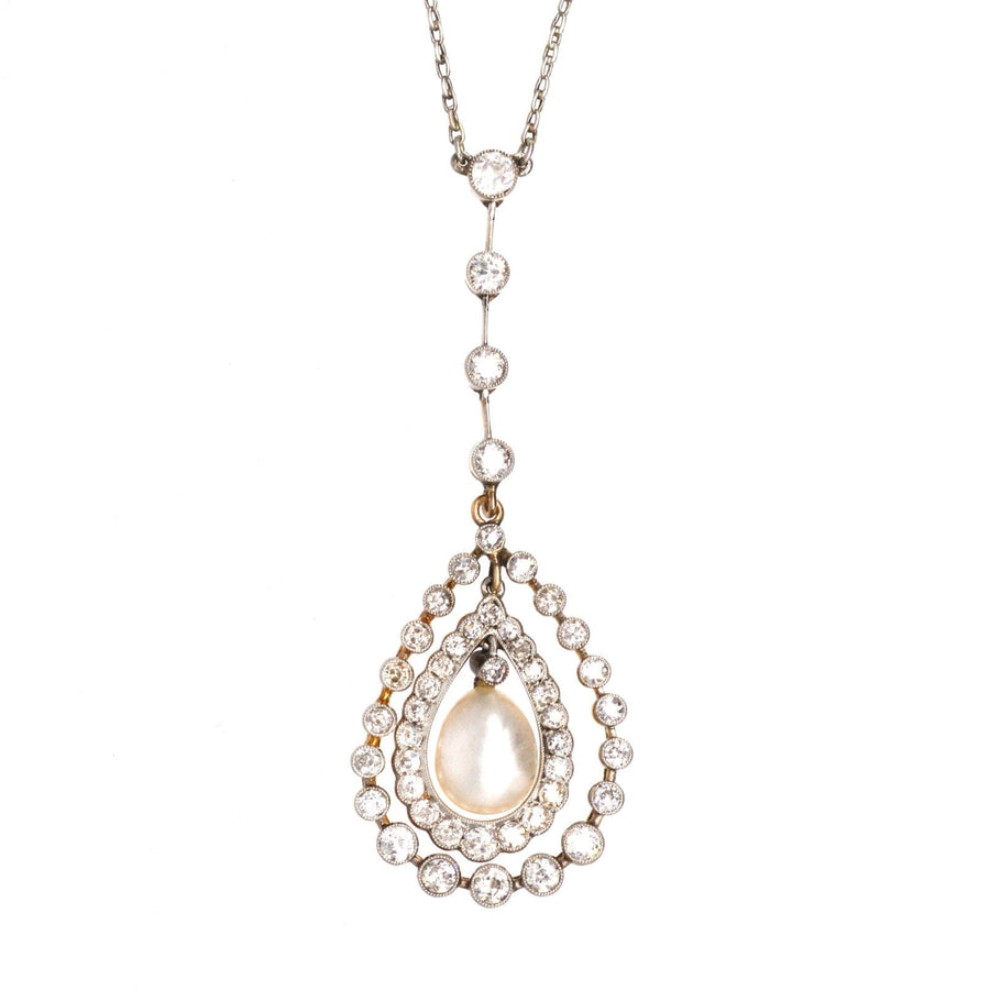 Edwardian Platinum & 18ct Gold Diamond & Natural Pearl Pendant on Chain | Parkin and Gerrish | Antique & Vintage Jewellery