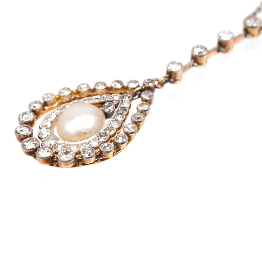 Edwardian Platinum & 18ct Gold Diamond & Natural Pearl Pendant on Chain | Parkin and Gerrish | Antique & Vintage Jewellery