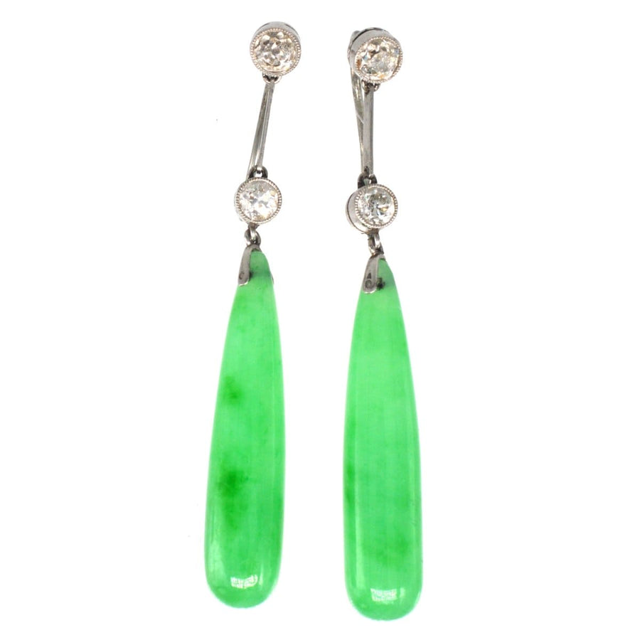 Edwardian Platinum, Certified Natural Jade and Diamond Earrings | Parkin and Gerrish | Antique & Vintage Jewellery