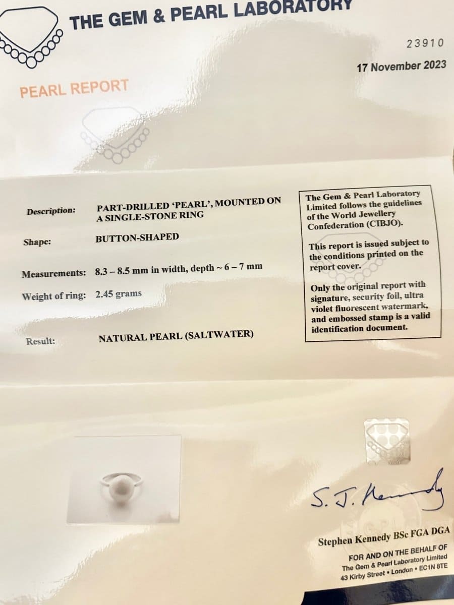 Gem and Pearl Laboratory report for a natural saltwater pearl mounted on an Edwardian single-stone ring.
