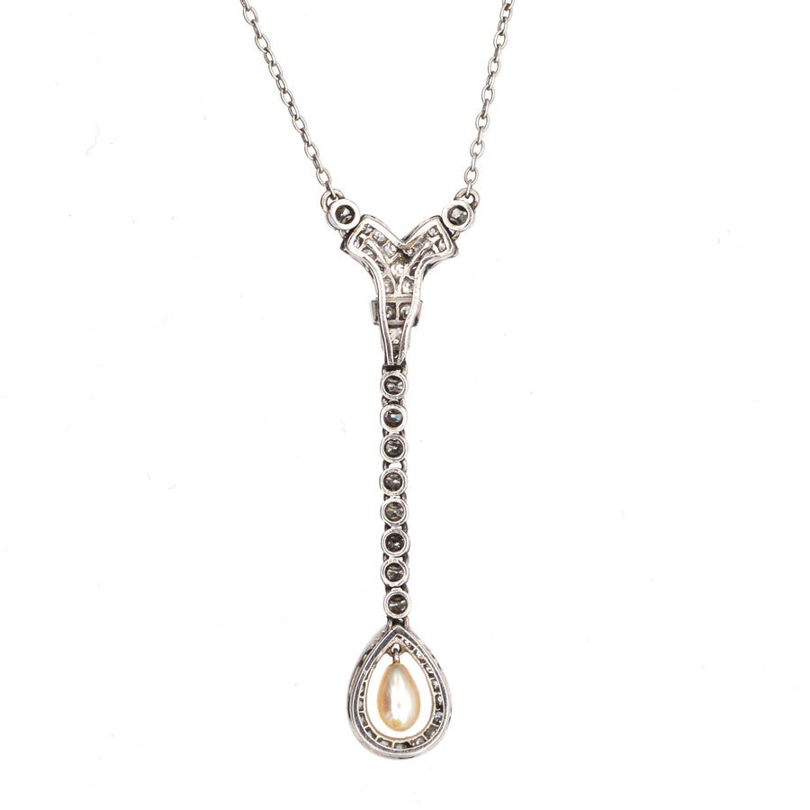 Edwardian Platinum, Diamond & Natural Pearl Drop Pendant on Platinum Chain, in Original Box by Goldsmiths & Silversmiths | Parkin and Gerrish | Antique & Vintage Jewellery