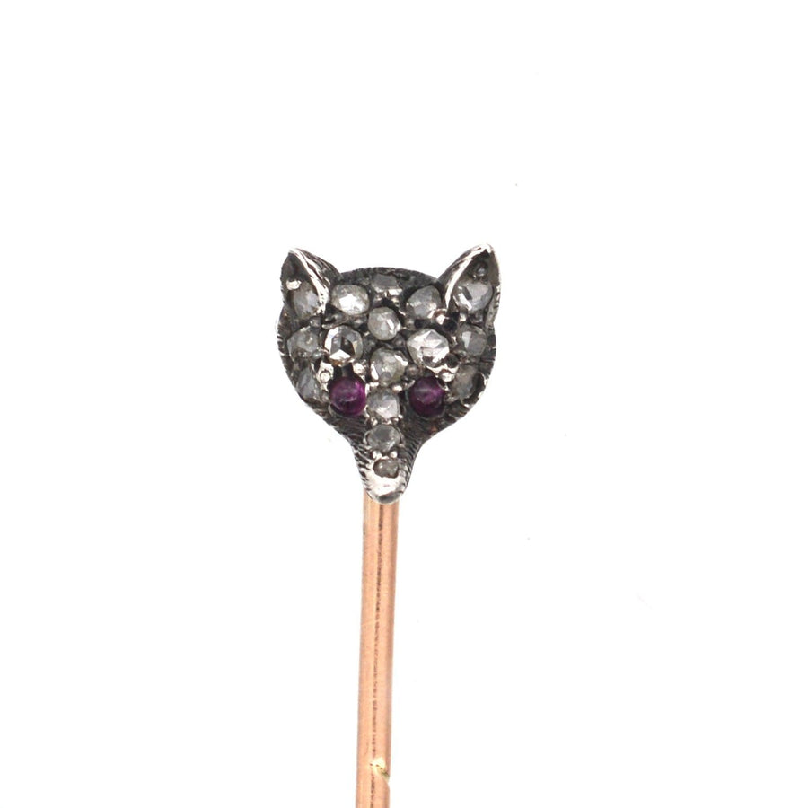 Edwardian Rose Diamond Fox Head Tie Pin With Ruby Eyes | Parkin and Gerrish | Antique & Vintage Jewellery