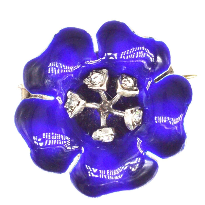 Edwardian Silver Blue Enamel and Paste Flower Brooch
