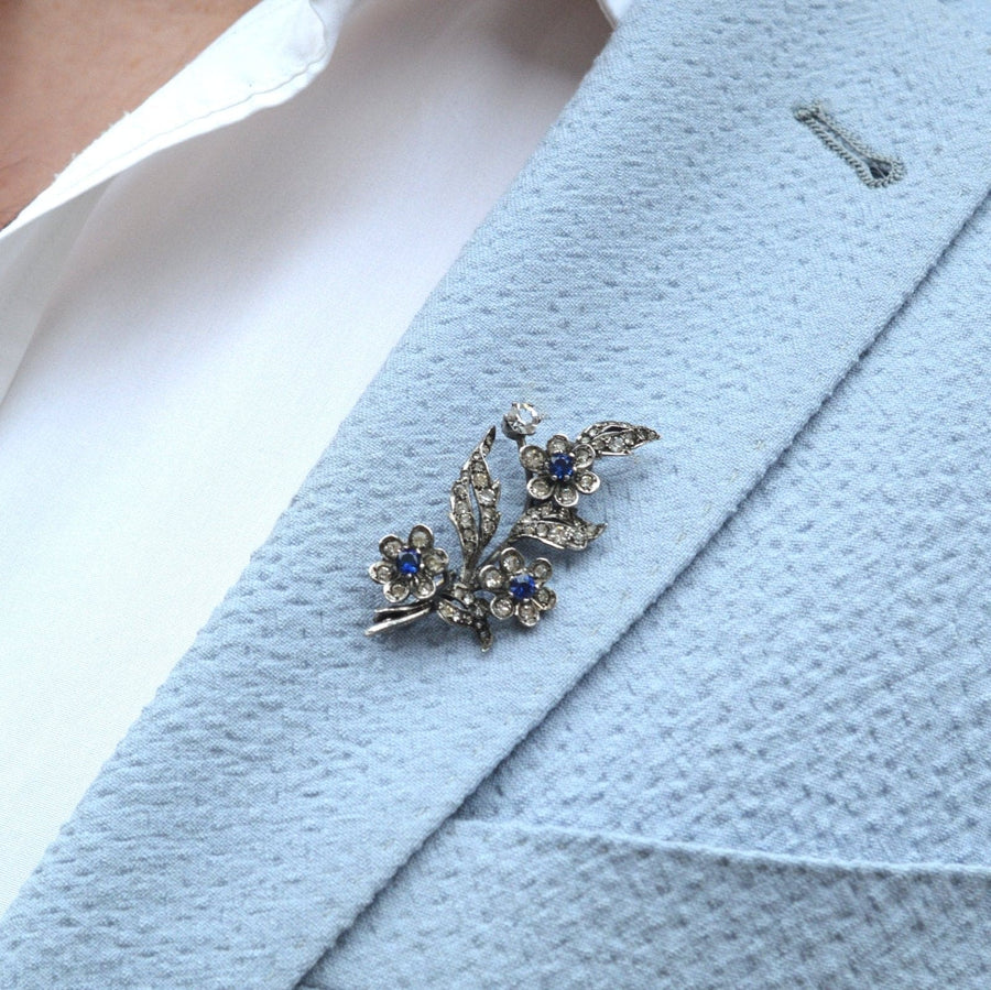 Edwardian Silver Blue "Sapphire" and White Paste 'en tremblant' Floral Flower Brooch | Parkin and Gerrish (UK)