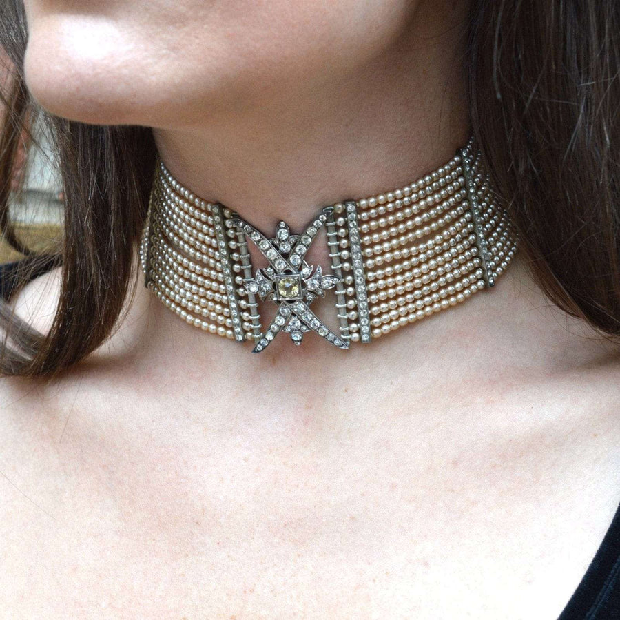 Edwardian silver choker adorned with pearls and a central diamond star design, perfect for special occasions.