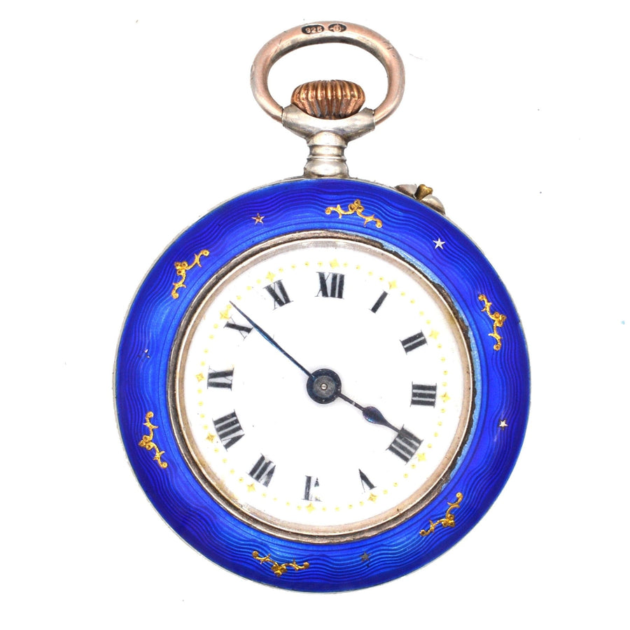 Edwardian Silver Royal Blue Guilloché Enamel Pocket/Fob Watch | Parkin and Gerrish (UK)